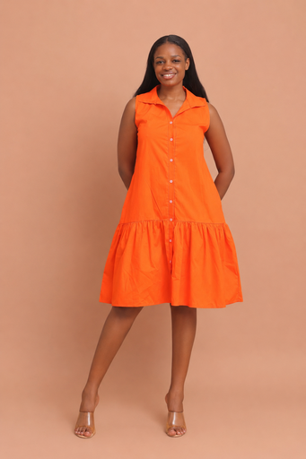 Cotton Sleeveless Shirt Dress — Orange